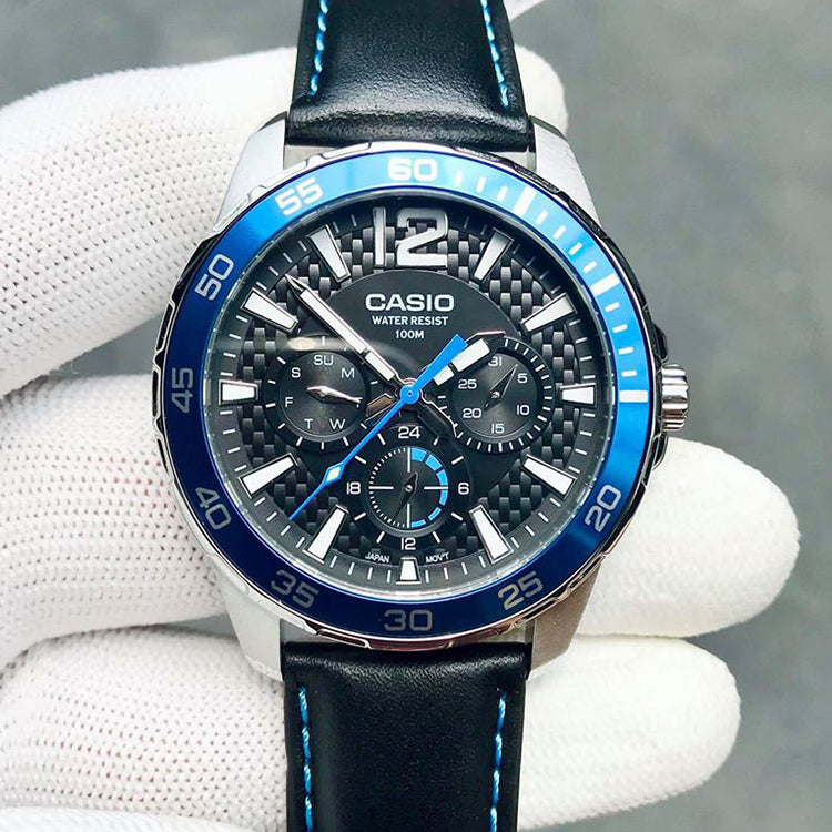 Men's CASIO Quartz 100 Meter Waterproof Date Display Regular Timing 41mm Leather Strap Watch Mens Blue Analog MTD-330L-1A2VDF