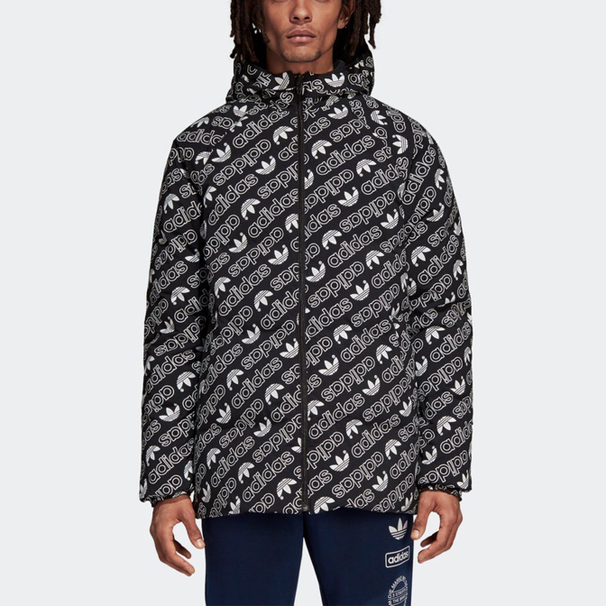 adidas originals Monogram JKT Full Print logo Reversible Stay Warm hooded down Jacket Black White DP8561