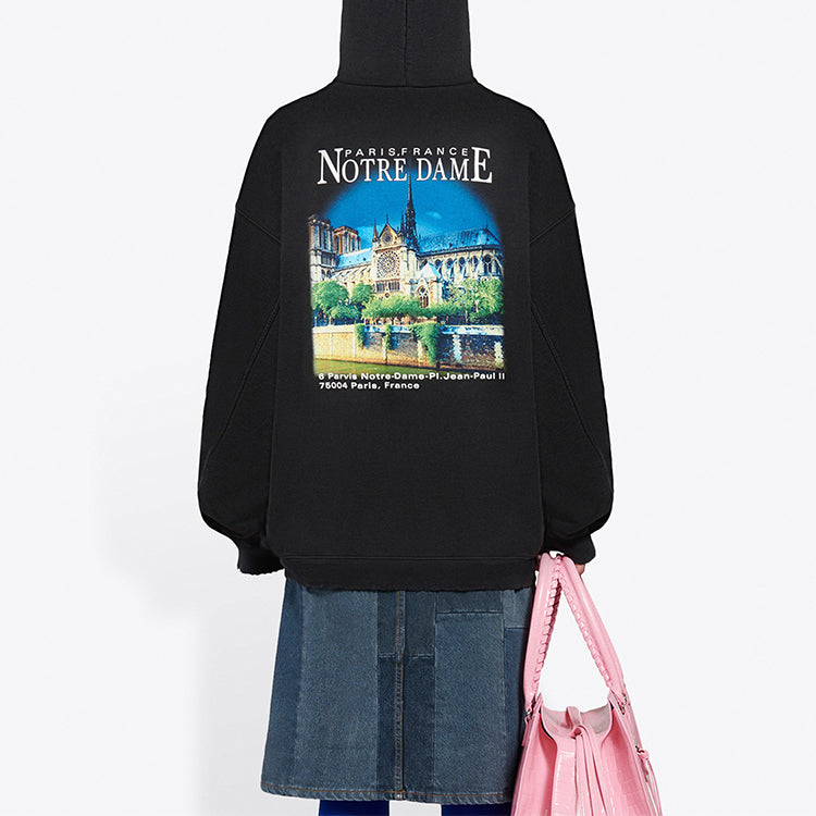 (WMNS) Balenciaga Classic Printing Loose Hoodie Black 641529TJVH91000