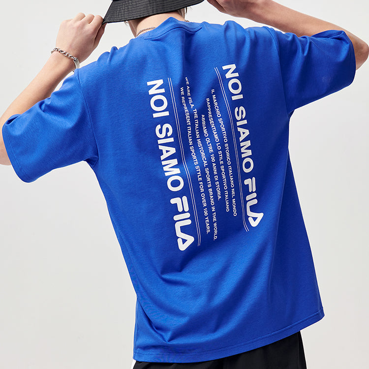 Men's FILA FUSION Alphabet logo Printing Sports Loose Round Neck Short Sleeve Ocean Blue T11M121105F-NV