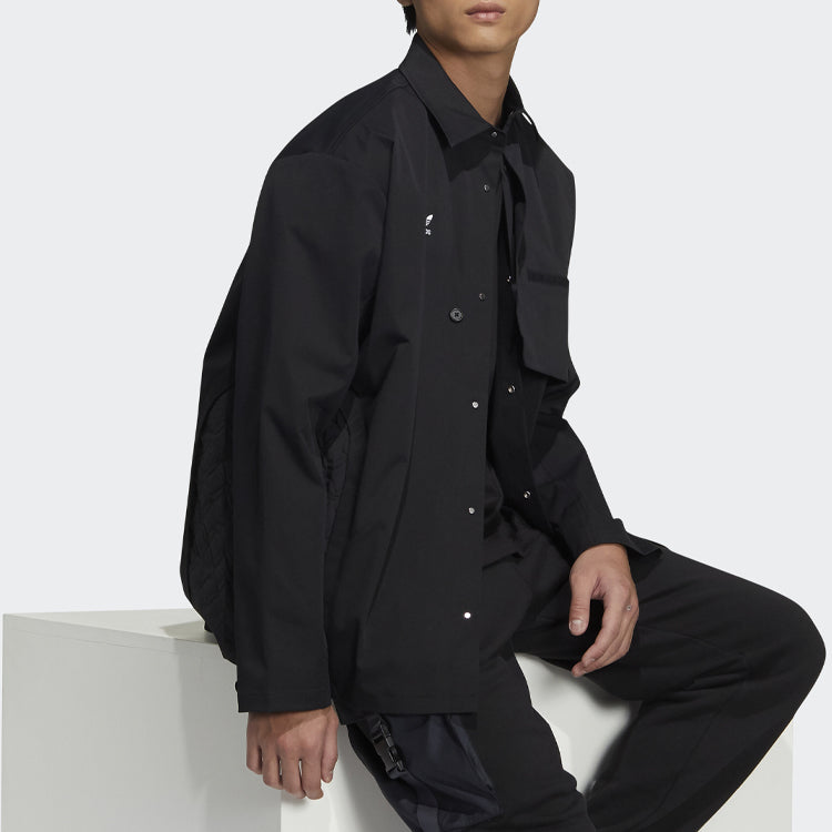 Men's adidas originals CNY Limited Solid Color Buckle Lapel Long Sleeves Black Shirt HC0561