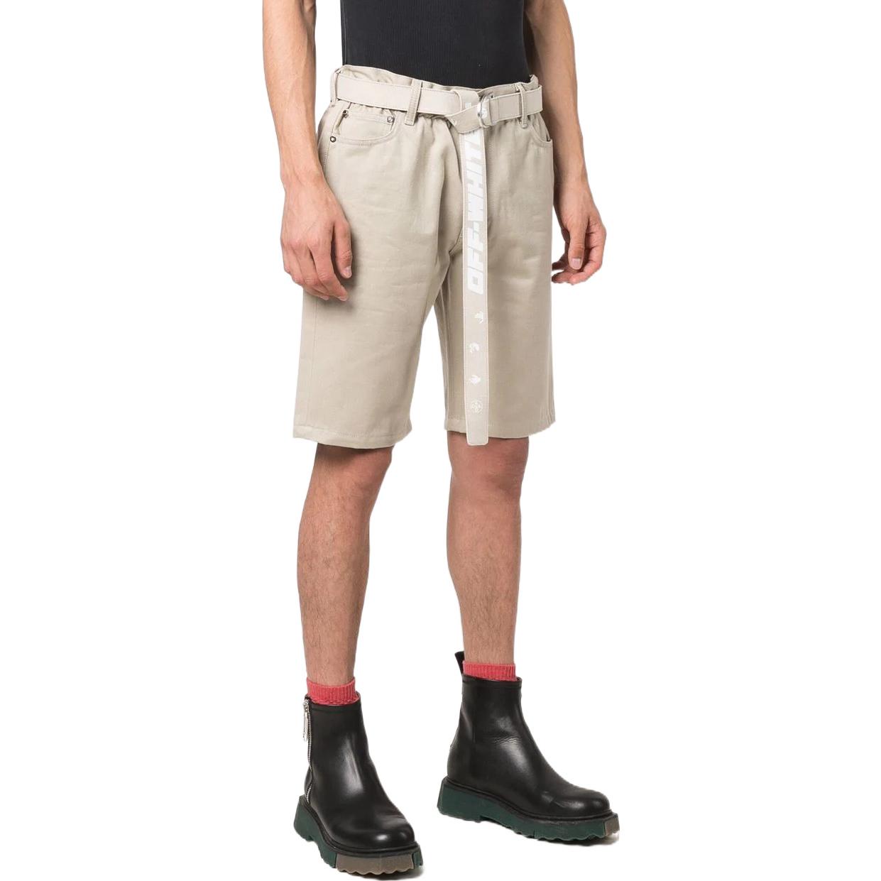 Men's Off-White Solid Color Waist Button Straight Cotton Shorts Creamy White OMYC005F21DEN0021701