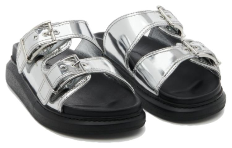 (WMNS) Alexander McQueen Gabine Buckled Leather Slides 'Silver Black' 783254W4WG18100