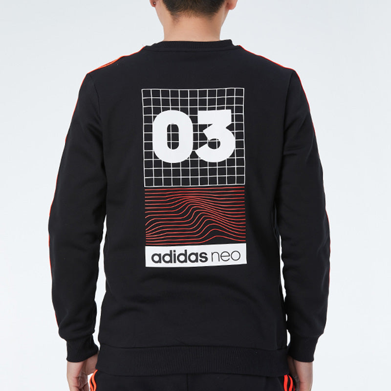 adidas neo Back Printing Fleece Lined Stay Warm Round Neck Pullover Sports Black GQ7056