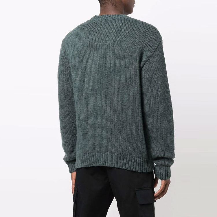 Men's Off-White FW21 Chest Intarsia Knit Logo Round Neck Long Sleeves Wool Sweater Loose Fit Green OMHE085F21KNI0015510