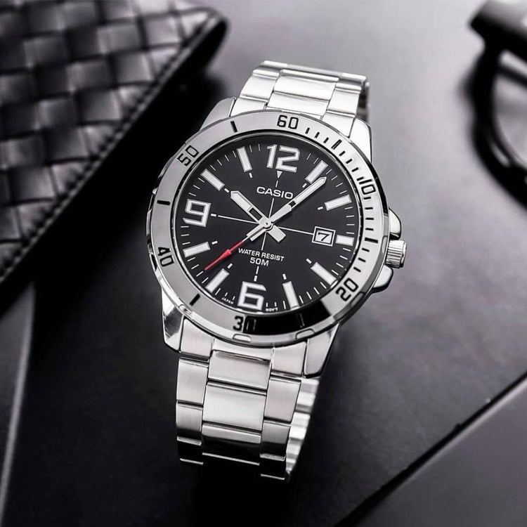 CASIO Stainless Steel Strap Mens SilverBlack Analog MTP-VD01D-1BV