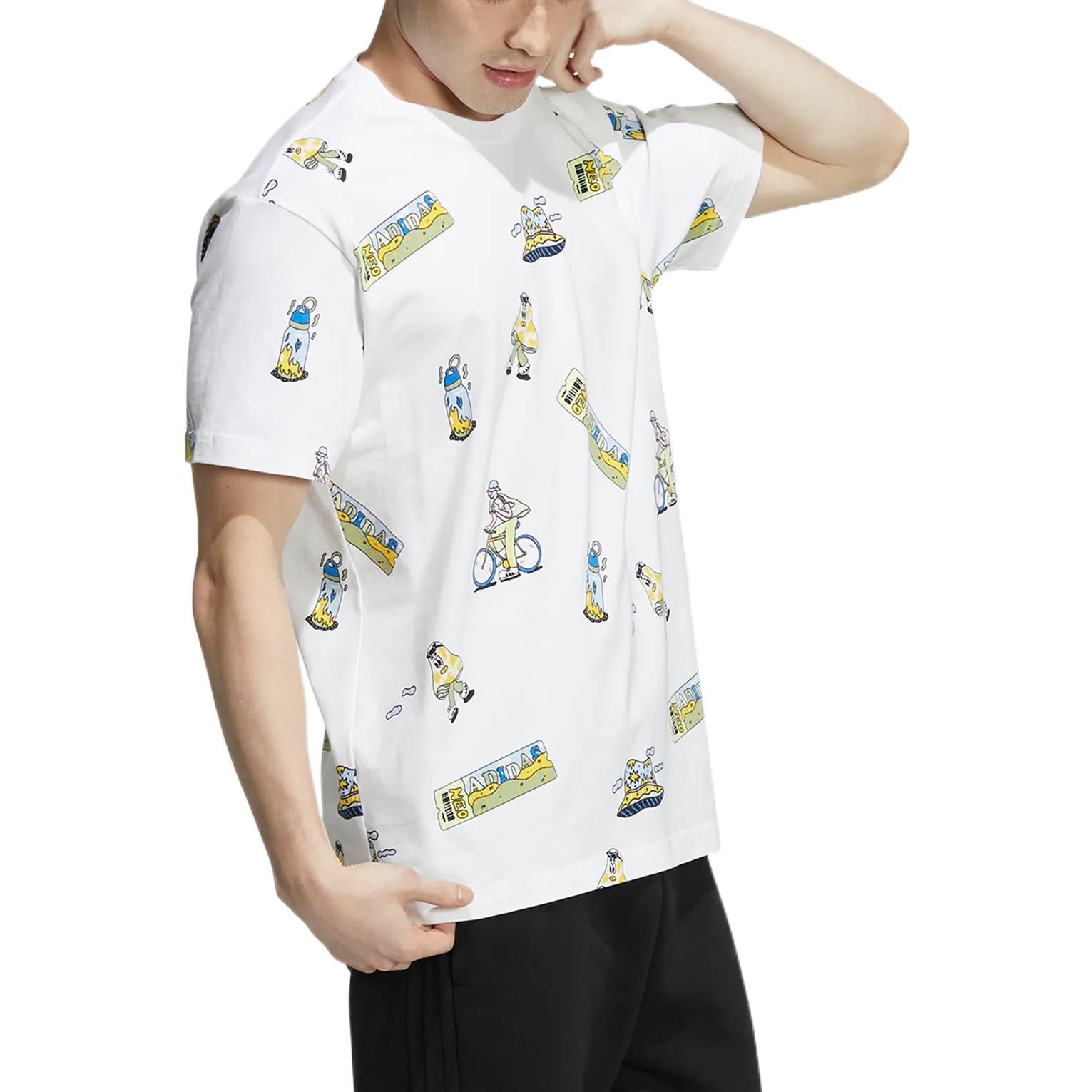 Men's adidas neo Funny Cartoon Full Print Casual Round Neck Short Sleeve White T-Shirt HH7685