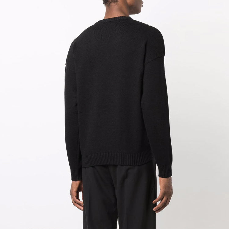 Men's Off-White FW21 Intarsia Knit Logo Round Neck Pullover Wool Sweater Loose Fit Black OMHE095F21KNI0011009