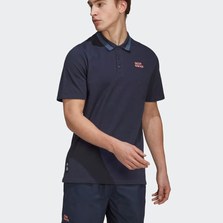 adidas Bayern Munich Black Solid Color Stripe Casual Short Sleeve Polo Shirt Navy Blue HB6001