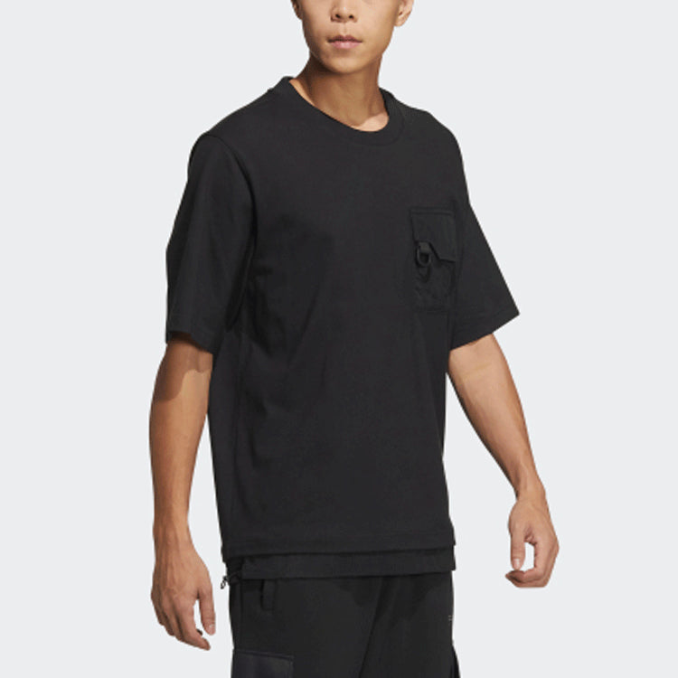 adidas originals Solid Color Pocket Splicing Round Neck Short Sleeve Black HE6616