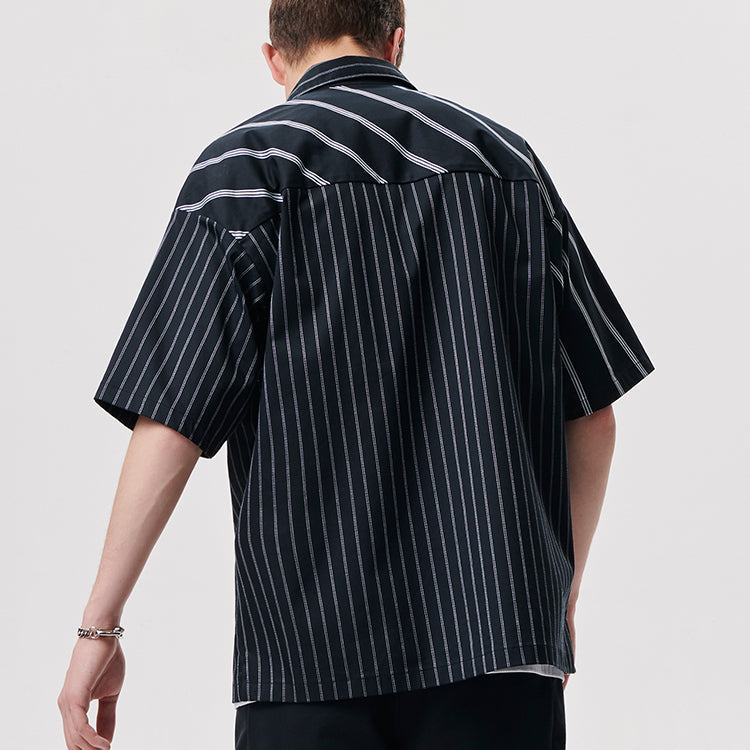 Men's FILA FUSION x White Mountaineering Crossover Stripe Splicing Short Sleeve Sports Black Shirt T11M137401F-BK