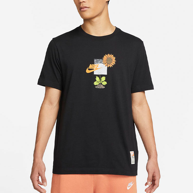 Men's Nike Logo Plant Pattern Printing Round Neck Casual Short Sleeve Black T-Shirt DQ1034-010