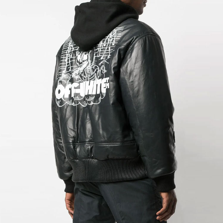 Men's Off-White Logo Printing Pattern Leather Aviator Jacket Black OMJA027E199830140801