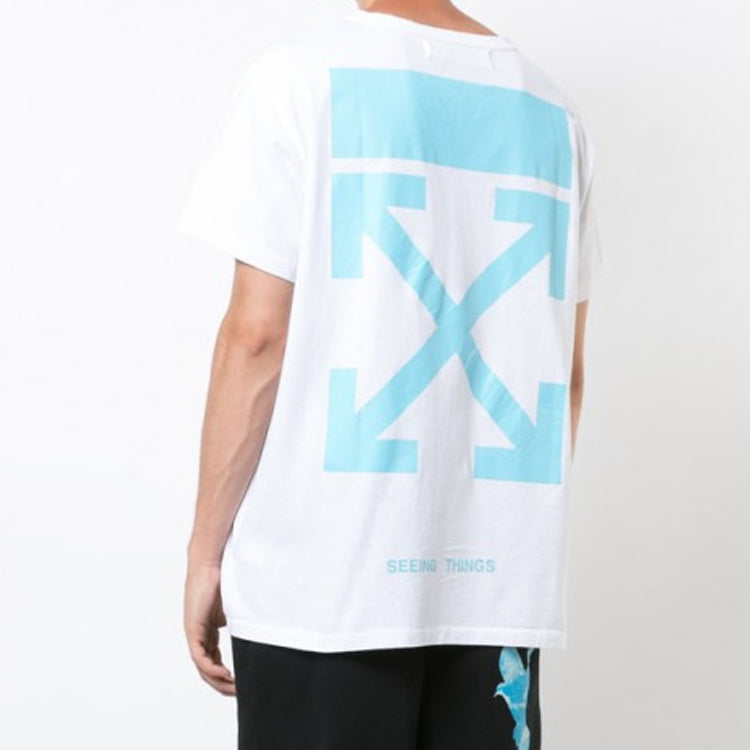 Off-White Blue Slogan Arrow Short Sleeve White OMAA002F171850750131