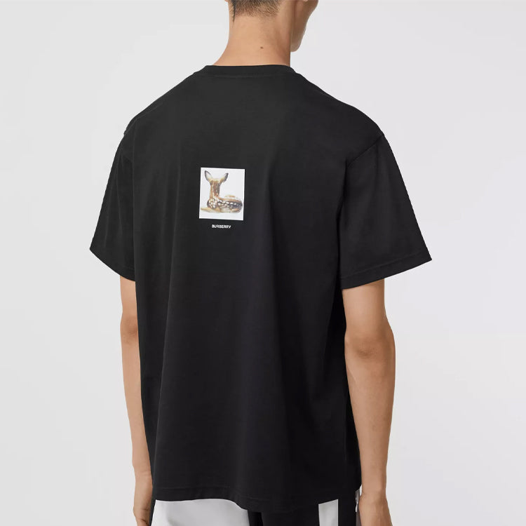 Men's Burberry Deer Print Cotton Oversized Printing Short Sleeve Black 80223691