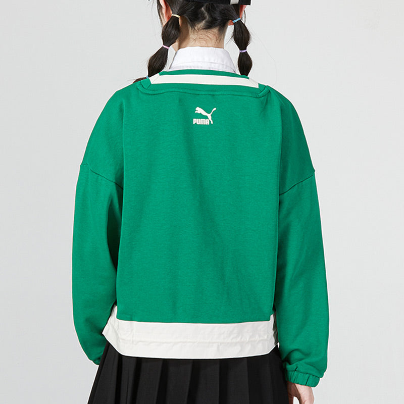 (WMNS) PUMA Logo V neck Sweatshirt 'Green' 537524-86