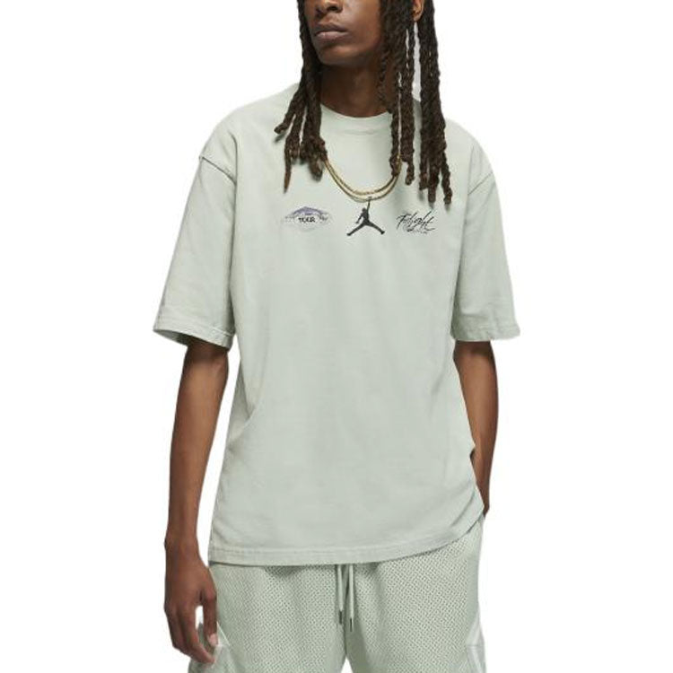 Men's Air Jordan Back Character Alphabet Printing Casual Round Neck Short Sleeve Water Blue T-Shirt DM1445-017