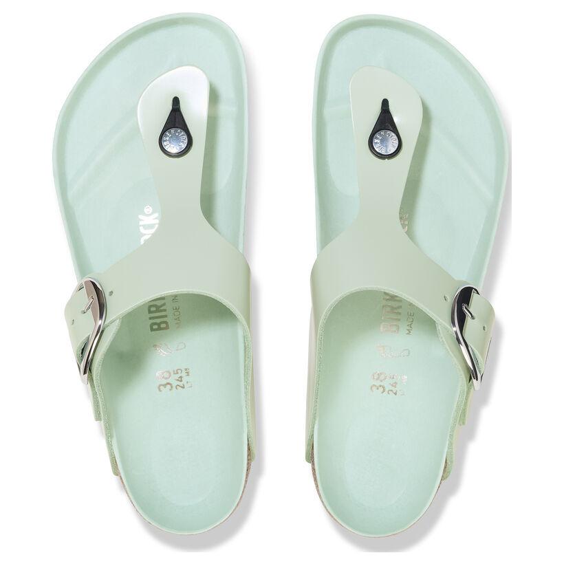 Birkenstock Gizeh Big Buckle Natural Leather Patent Narrow Fit Sandals ' High Shine Surf Green' 1026542