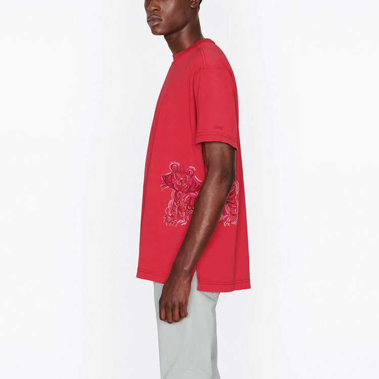 Men's DIOR x Kenny Scharf Crossover SS22 Tiger Embroidered Short Sleeve Red 213J646A0677-C383