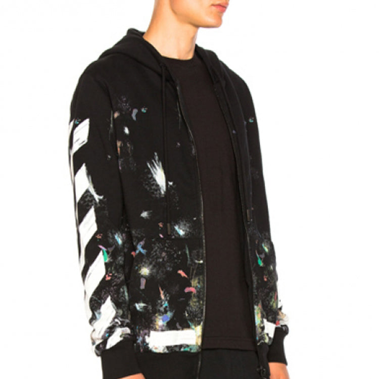 Off-White Galaxy Brush Graffiti Hooded Zip-up Fleece Men Black OMBB003F176190309901