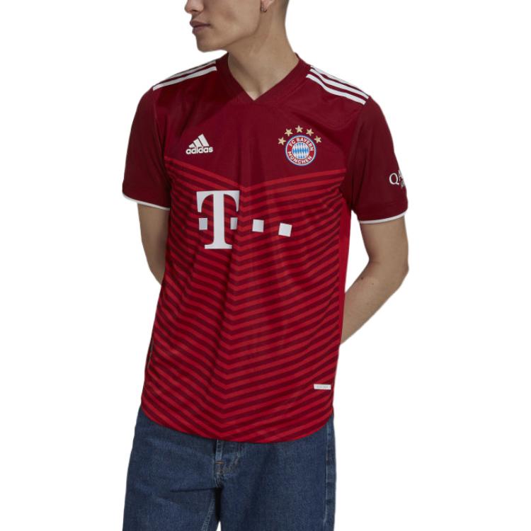 Men's adidas Bayern Munich 21/22 Home Stripe Printing Alphabet Pattern V Neck Short Sleeve Soccer/Football Jersey Red GM5308