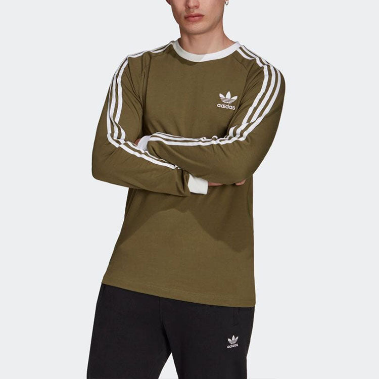 Men's adidas originals Classic 3 Stripe Long Sleeves Olive T-Shirt H37779