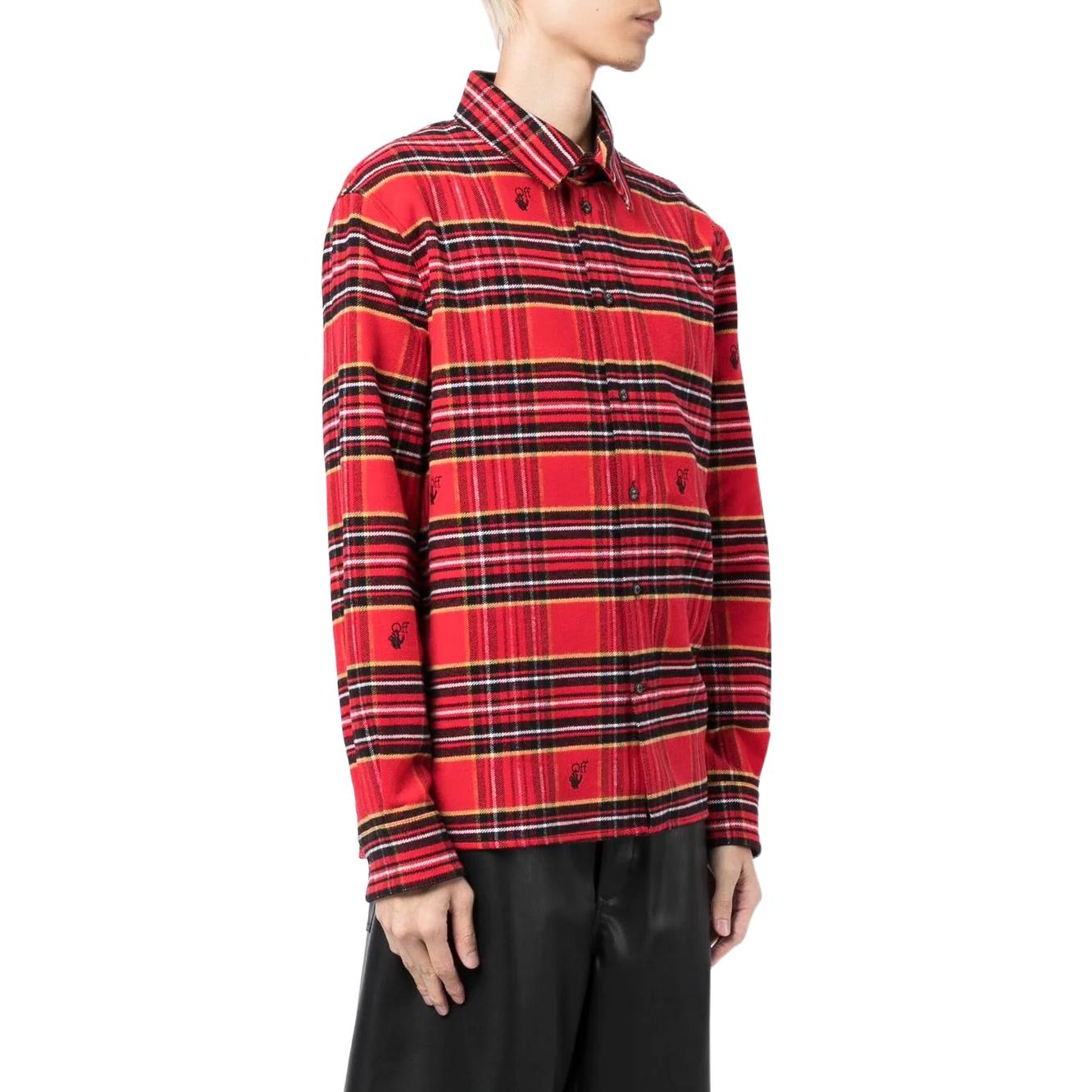 Men's Off-White SS22 Plaid Logo Embroidered Lapel Long Sleeves Loose Fit Red Shirt OMGA227S22FAB0022510