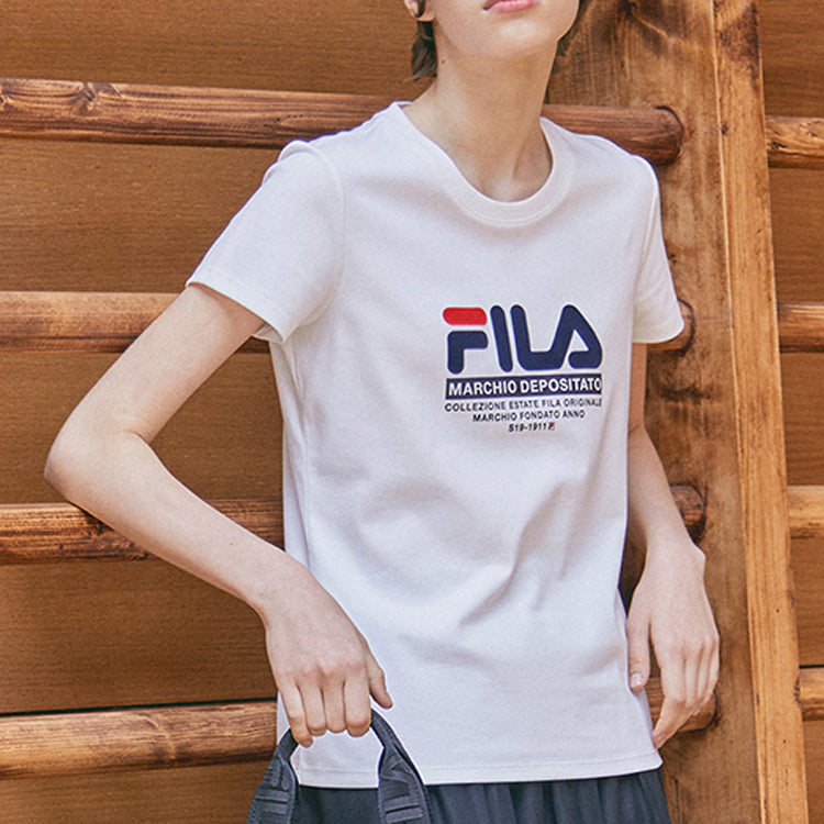 Men's FILA Printing Round Neck Pure Cotton White T-Shirt F61W028121F