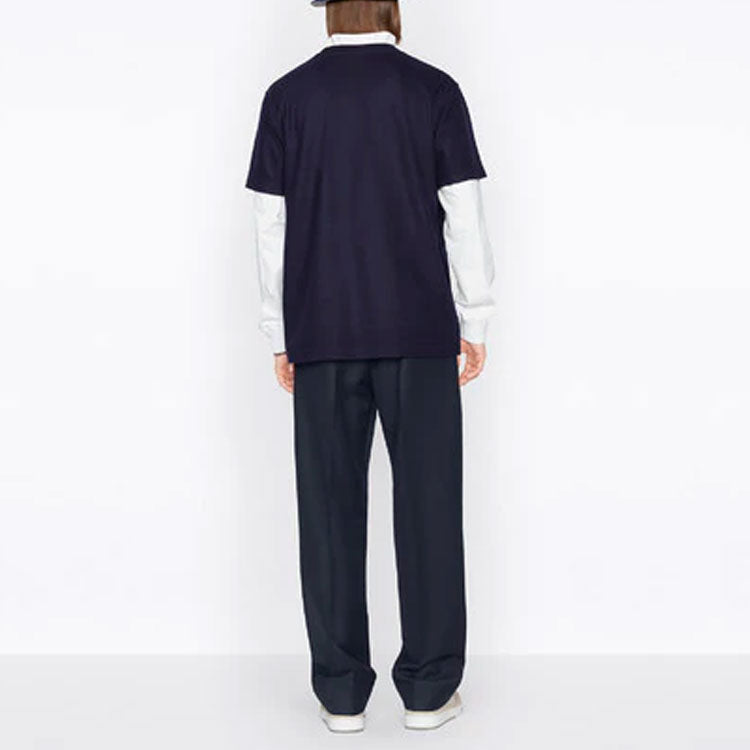 Men's DIOR SS22 Embroidered Plain Weave Knit Short Sleeve Navy Blue T-Shirt 213J637A0739-C583