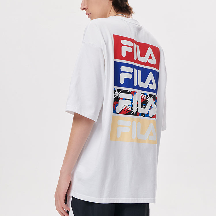 Men's FILA FUSION Contrasting Colors Logo Printing Loose Round Neck Short Sleeve White T11M135110F-WT