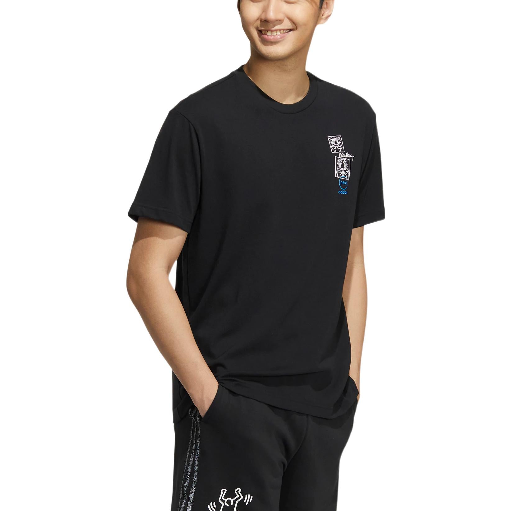 adidas neo x Keith Haring Crossover Cartoon Earth Pattern Printing Short Sleeve Black HD7269