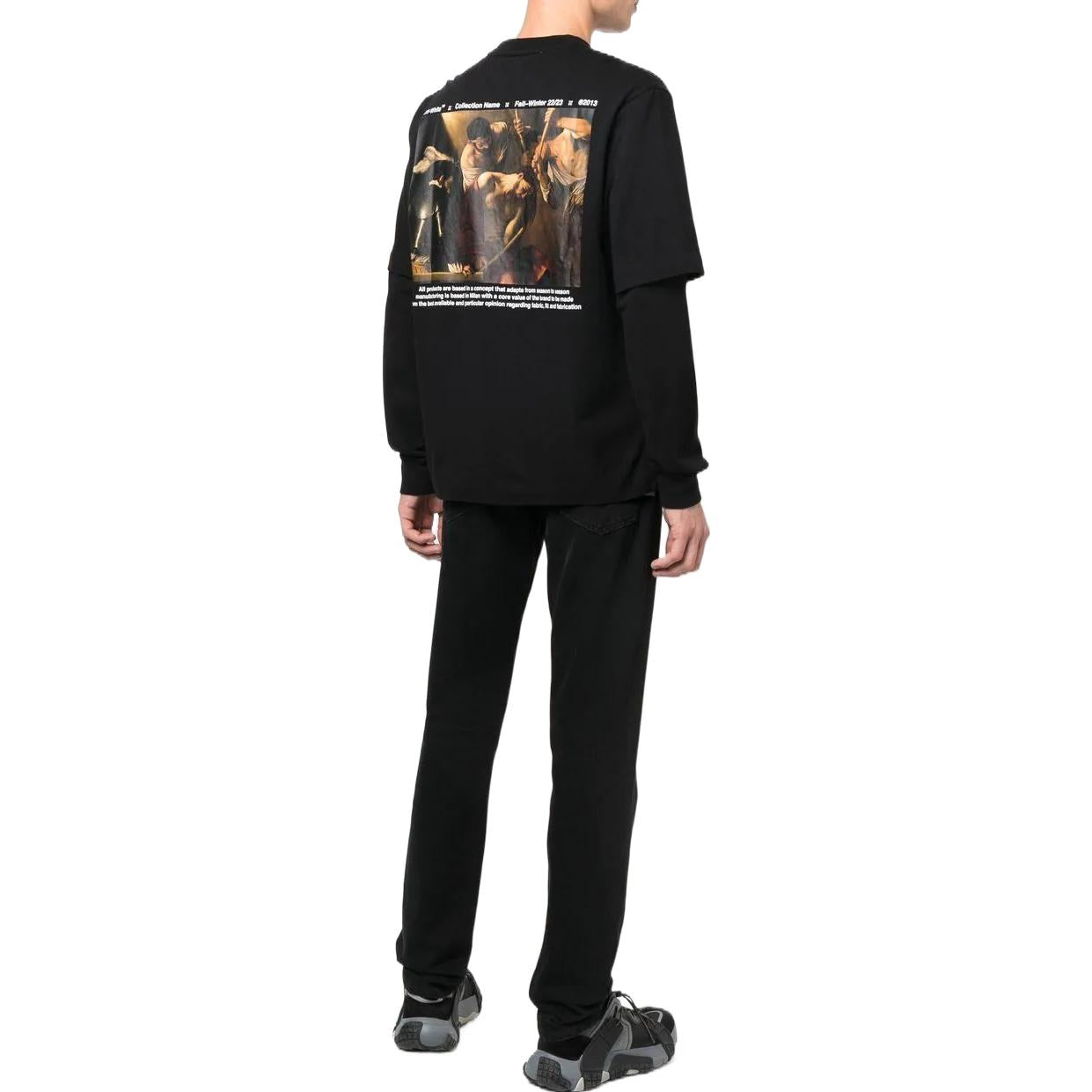 Men's Off-White FW22 Painting Printing Casual Long Sleeves Loose Fit Black T-Shirt OMAB068C99JER0021001