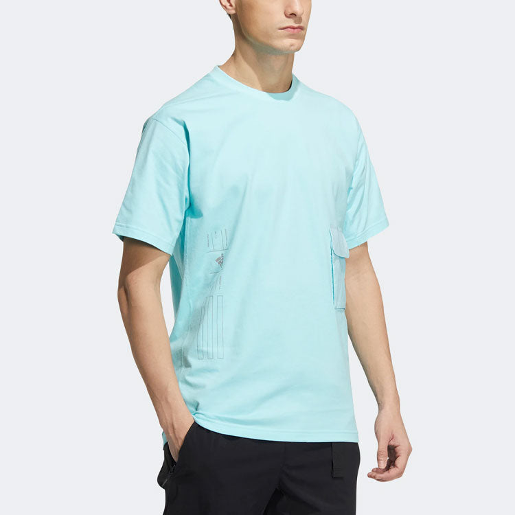 Men's adidas TH HVCOT TEE Logo Printing Pocket Round Neck Short Sleeve Blue T-Shirt HE9946