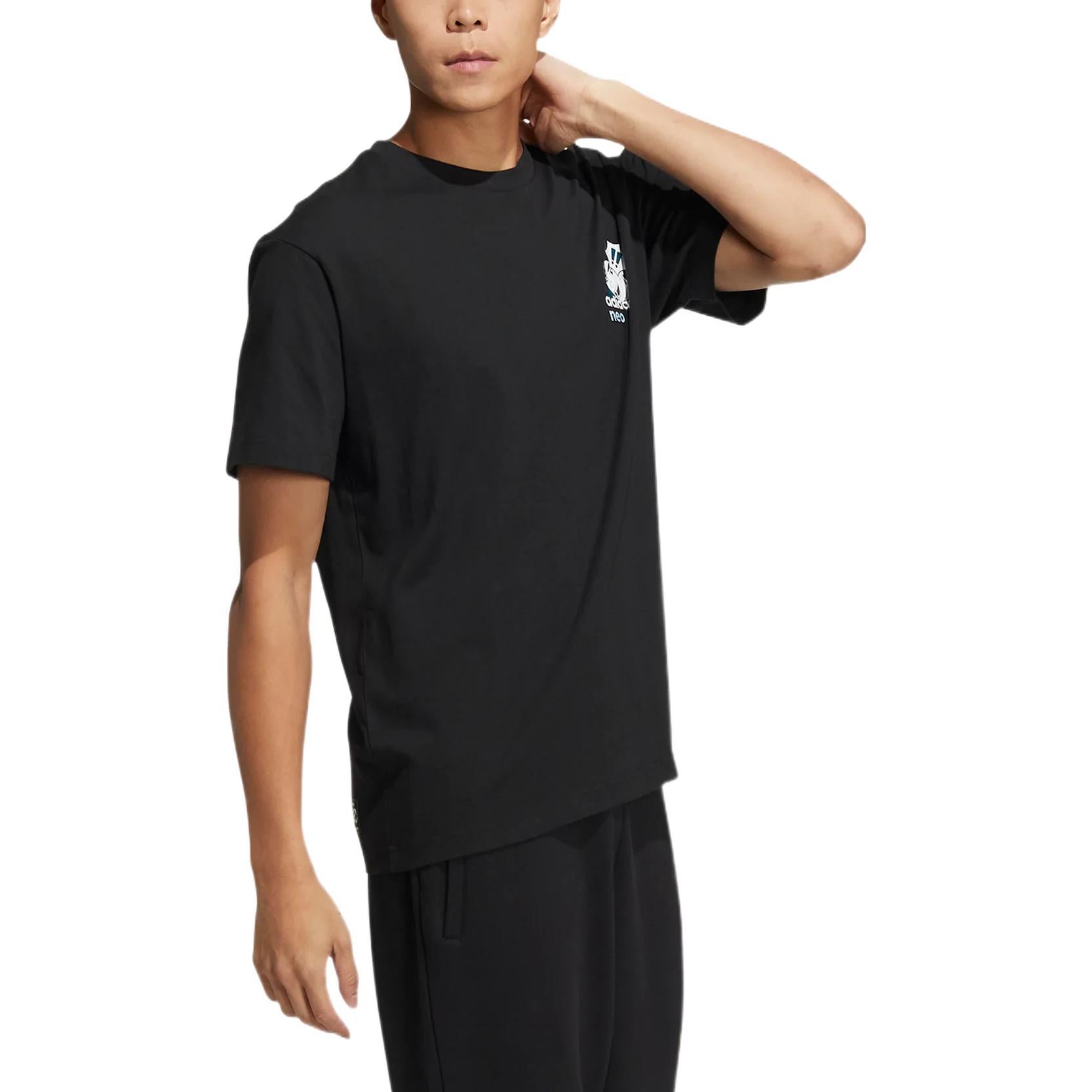 Men's adidas neo Cartoon Character Printing Logo Round Neck Short Sleeve Black T-Shirt HD4623