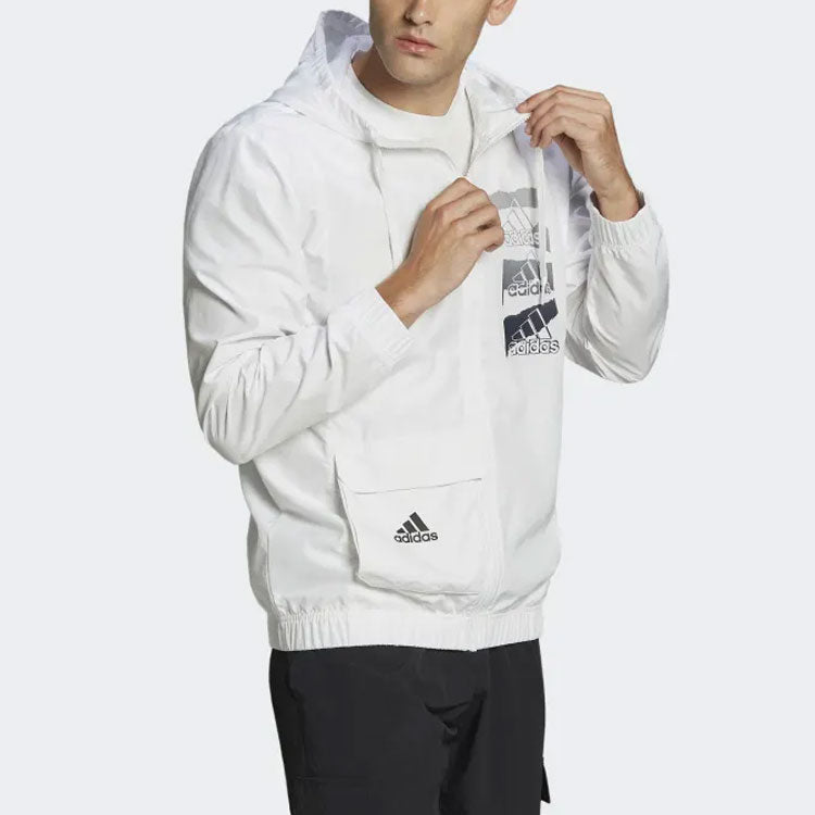 adidas Logo Casual Sports Zipper Hooded Jacket White HE1881