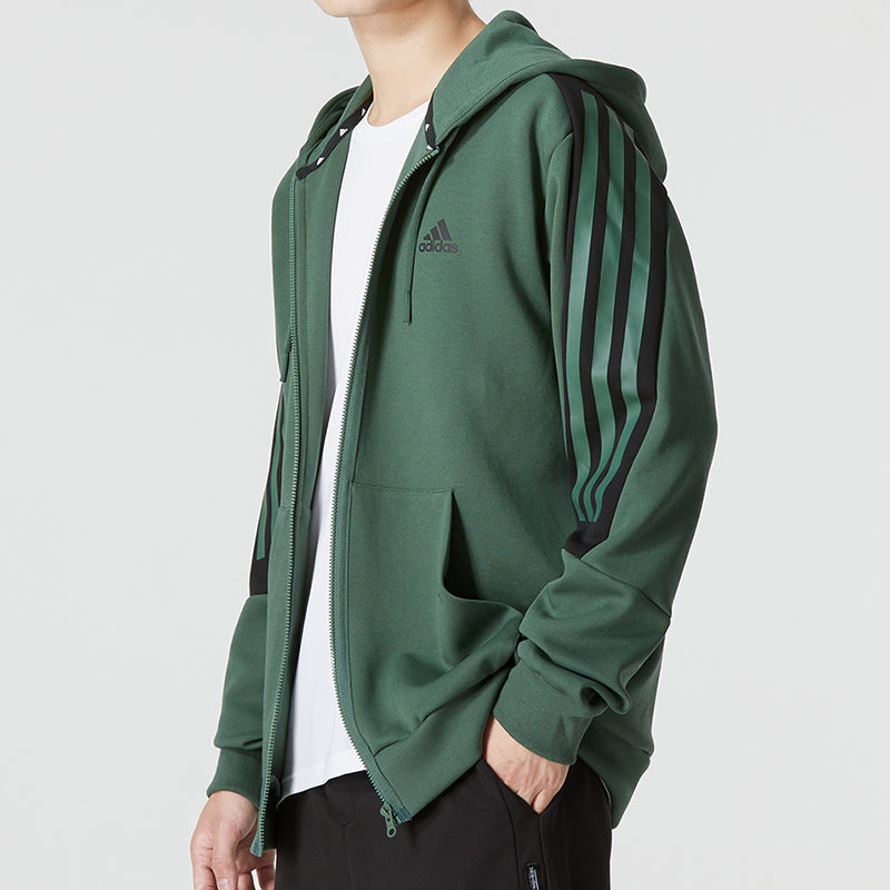 Men's adidas Stripe Logo Athleisure Casual Sports Knit Hooded Jacket Autumn Green HC5841