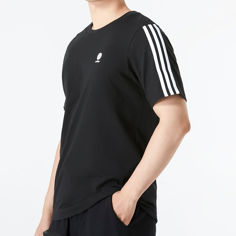 Men's adidas neo Solid Color Stripe Logo Athleisure Casual Sports Round Neck Short Sleeve Black T-Shirt HN8779