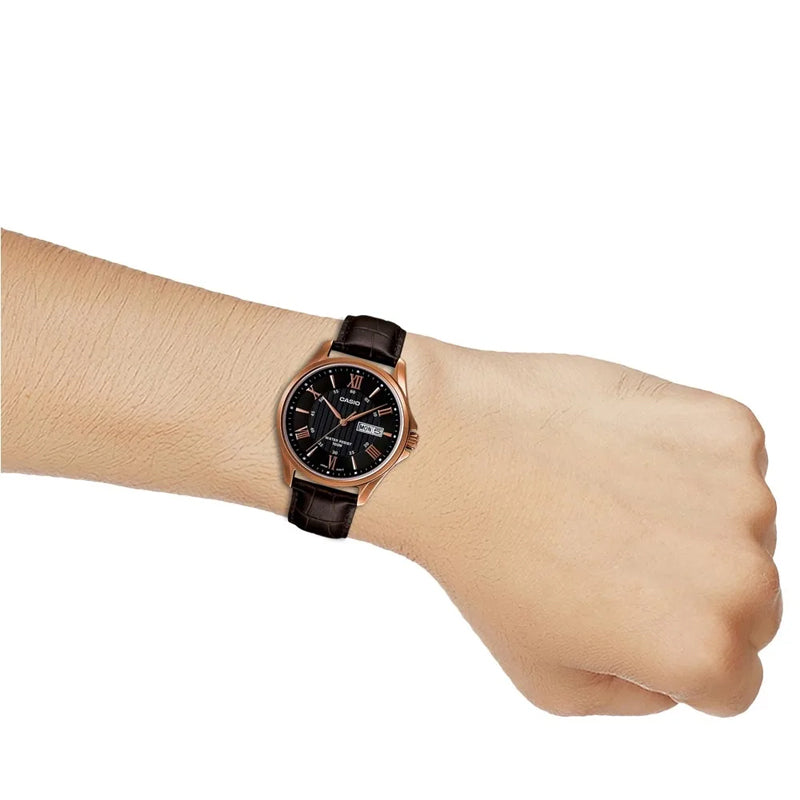 CASIO DRESSSeries LeatherWatch Men's Black/Pink Quartz Waterproof Black Dial Mens Black Analog MTP-1384L-1AV