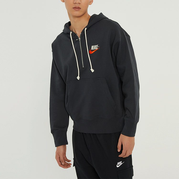 Men's Nike Embroidered Logo Half Zipper Hooded Knit Pullover Black DM5280-045