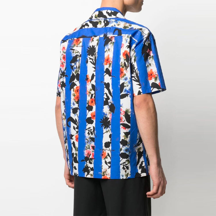 Off-White SS21 Flowers Printing Stripe Short Sleeve Shirt Version Blue OMGA163S21FAB0068400