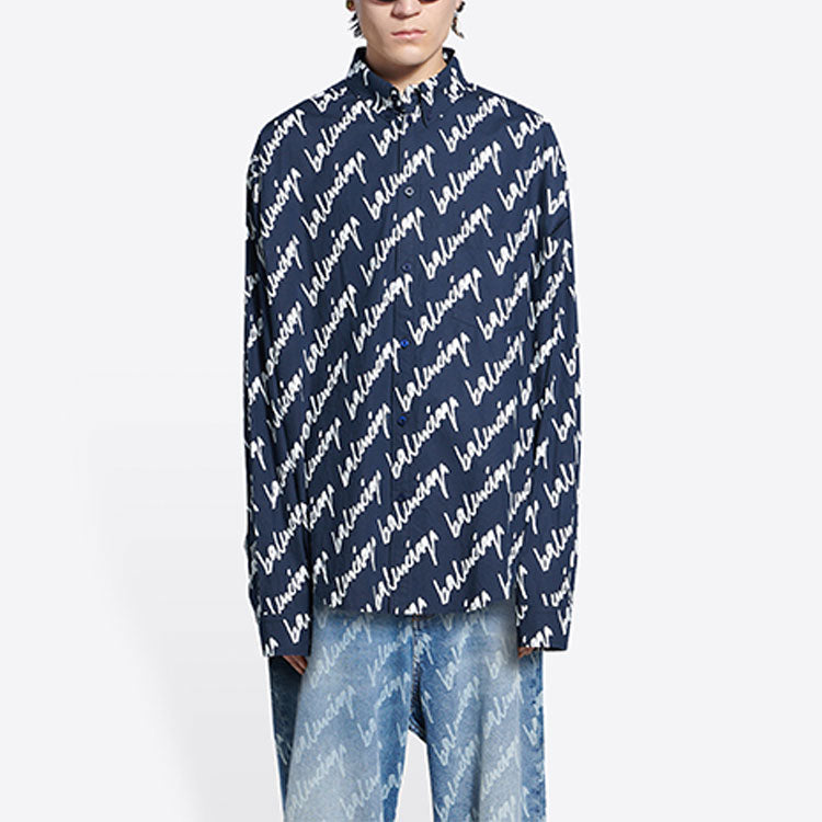 Balenciaga Scribble Logo Short Sleeve Shirt Large Fit 'Midnight Blue' 662983TLLJ48502
