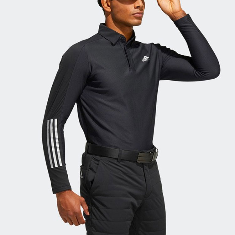 adidas Solid Color Logo Stripe Fleece Lined Golf Sports Long Sleeves Polo Shirt Black GT3424