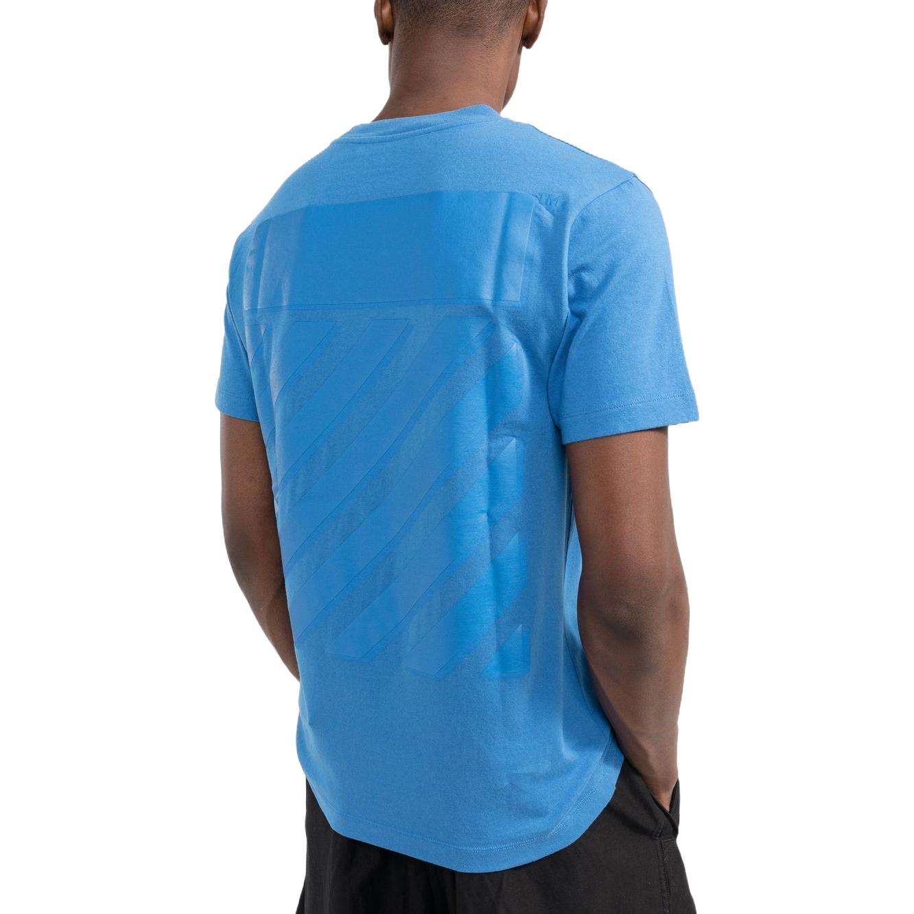 Men's Off-White FW22 Back Large Logo Printing Round Neck Short Sleeve Blue T-Shirt OMAA027F22JER0014545