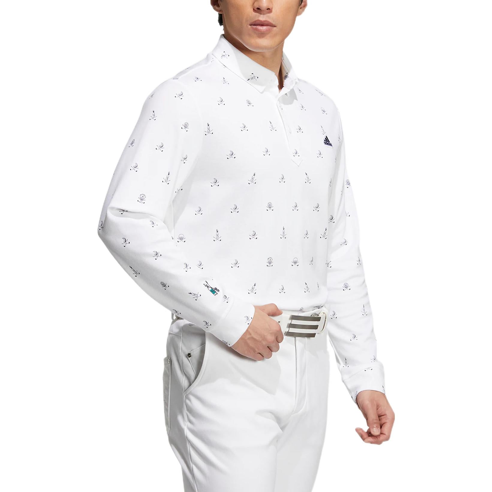 Men's adidas Pg Monogram Ls Pattern Full Print Golf Sports Long Sleeves White Polo Shirt HG5793