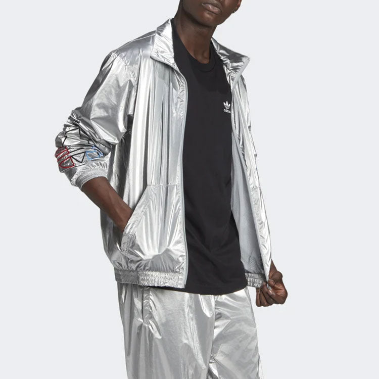 adidas originals Embroidered Logo Sports Stand Collar Jacket Silver GN4208