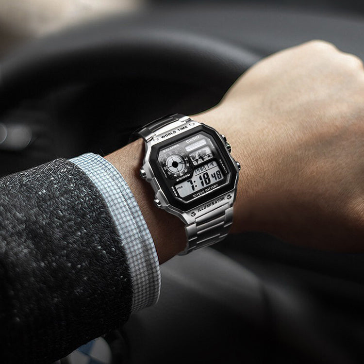 CASIO G Shock Quartz Sports Waterproof Mens Silver Digital AE-1200WHD-1A