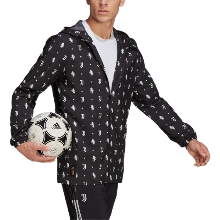 Men's adidas SS22 Solid Color Logo Full Print Long Sleeves Hooded Jacket Black HB6013