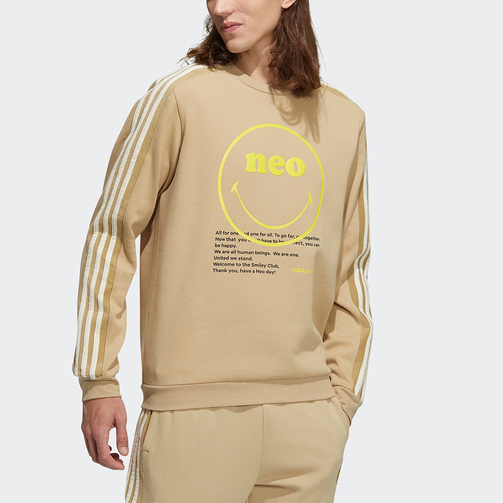 Men's adidas neo x SMILEY Crossover Smly Swt Smiling Face Printing Stripe Sports Round Neck Pullover Khaki H45522