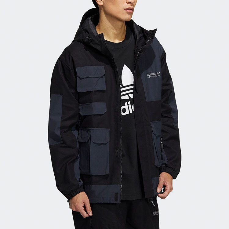 Men's adidas originals Alphabet Printing Contrasting Colors Hooded Track Jacket Black HC0353