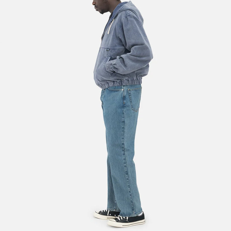 Men's Stussy SS22 Stone Washed Work Jacket Blue Metallic Zipper Hooded Jacket 115632